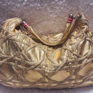 Stuart  Weitzman Gold Metallic Fiber Top Handle Medium Size Bag
